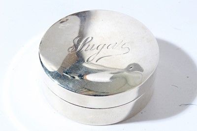 Lot 180 - George V travelling sugar container of circular form with domed push fit cover engraved sugar and presentation inscription to base 'Beech Hill, July 19th 18'' (Birmingham 1917), maker Cornelius Sau...