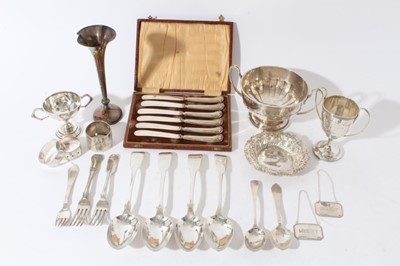 Lot 181 - George V silver bowl with faceted decoration and twin side handles, with presentation inscription, raised on circular foot, (Sheffield 1931), maker Mappin and Webb, together with a quantity of Geor...