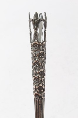 Lot 192 - Pair of early 20th century American silver bud vase holders, pierced tapered stems with floral decoration, on decorative bases, stamped Tiffany & Co, Sterling, all at 2oz