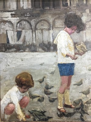 Lot 261 - Florence Humphrey-Holland, 1950s English School, tempera on panel - two girls feeding pigeons, entitled verso 'Venice, Breakfast Time', original label verso, in gilt frame, 40cm x 33cm