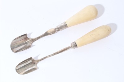 Lot 208 - Victorian silver Stilton scoop with turned Ivory handle (Birmingham 1855), maker George Unite, together with another similar (London 1863) (2)