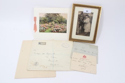 Lot 80 - H.M.Queen Mary , signed and inscribed 1943 wartime photograph of the Queen cutting down a tree at Badmington , 1939 signed Christmas card with envelope to The Bishop of Norwich and an inscribed gif...