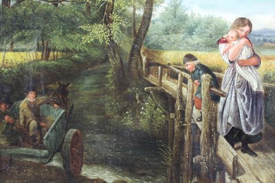Lot 310 - Victorian English School oil on canvas - figures on a bridge and others in a cart through a ford, in gilt frame, 29cm x 39cm