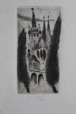Lot 355 - Karel Safar (1938-2016) collection of fifteen signed etchings and linocuts - figure and landscapes, in two sizes of frames, 19.5cm x 14.5cm and 22cm x 17cm