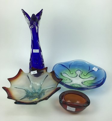 Lot 620 - Four pieces of Czech glass including blue and green bowl, 35cm diameter,  red and blue bowl, 32cm diameter, small red and blue bowl, 15.5cm wide and blue vase, 44cm high