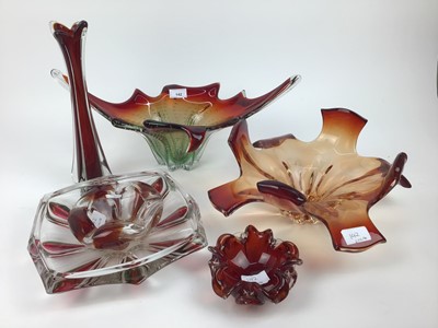 Lot 619 - Five pieces of Czech glass including red and green vase with controlled bubble decoration, 48cm wide, 22cm high, red bowl, 38cm wide, Ruby and clear bowl, 27cm wide, Ruby vase, 32.5cm high and and...