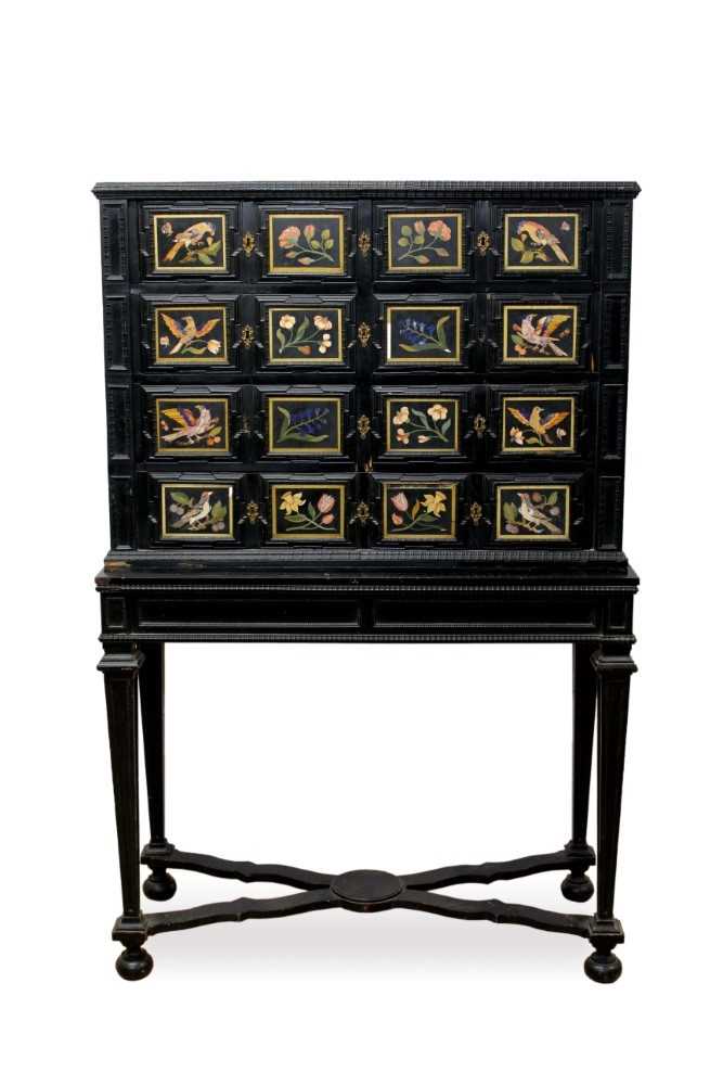 Lot 600 - Fine 18th century and later Italian pietra dura and ebonised cabinet on stand