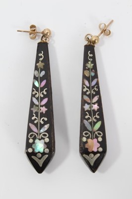 Lot 8 - Pair of 19th century piqué work earrings with mother of pearl floral decoration, 50mm length