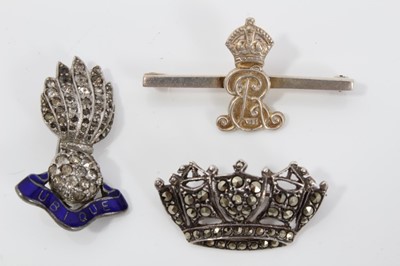 Lot 98 - Lady's silver and marcasite Naval mural crown brooch, Royal Engineers paste set sweetheart brooch and King Edward VII silver bar brooch (3)