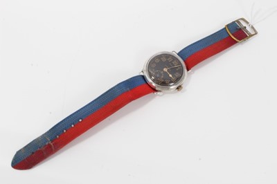 Lot 99 - First World War Officers Mappin ' Campaign' wristwatch with black and gilt dial , Swiss 15 jewel movement in circular silver case with engraved leopard head crest and monogram to the cuvet cover on...