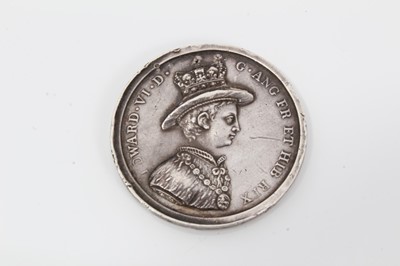 Lot 102 - Victorian silver Christ's Hospital school medallion with finely cast bust of King Edward VI and engraved name to edge 'James Leonard Bell 1857 ' 34 mm diameter.