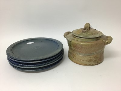 Lot 187 - Five Jane Hamlyn blue salt glazed studio pottery plates, 27.5cm diameter and a beige casserole dish with lid
