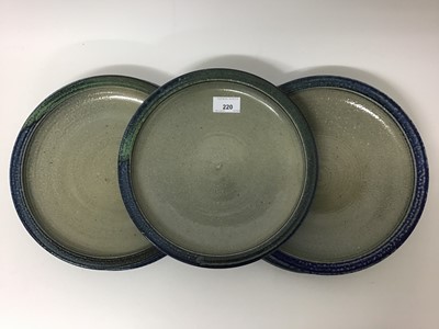 Lot 667 - Five Jane Hamlyn blue/green rimmed salt glazed studio pottery plates, 26.5cm diameter