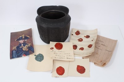 Lot 119 - Admiral Lord Nelson, early 19th century black basalt commemorative sucrier decorated in relief with portrait of Lord Nelson and Britannia and collection of wax seals including ' Lord Nelson , taken...