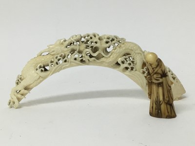 Lot 290 - Ornate 19th century Chinese carved ivory tusk section, together with a Chinese carved ivory deity figure