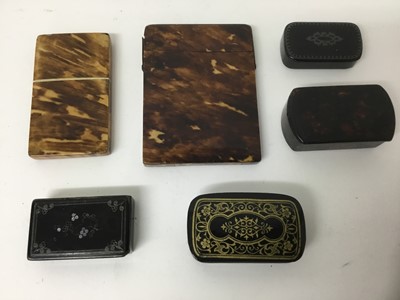 Lot 291 - 19th century blond tortoiseshell card case, together with another and four papier mache snuff boxes