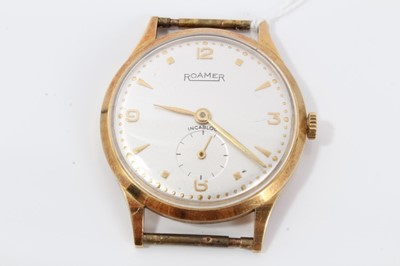 Lot 143 - 1960s Gentleman's 14ct gold Roamer wristwatch with silvered dial and subsidiary seconds , gilt Arabic and dagger numerals , the case 34mm