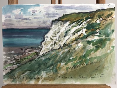 Lot 264 - Peter Partington, contemporary, collection of eight unframed watercolours and etchings, coastal landscapes, Continental town and Peat Digging, various sizes