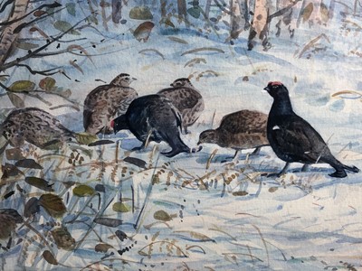 Lot 1025 - Peter Partington, contemporary, watercolour - Black Grouse in Winter, signed, in glazed gilt frame, 19cm x 53cm