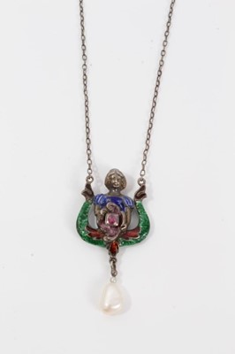 Lot 137 - 19th century Austro Hungarian Renaissancerevival silver enamel and and gem-sent pendant necklace with female bust holding a ruby and suspending a baroque cultured pearl.