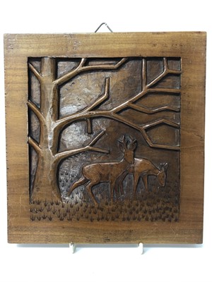 Lot 326 - Max Maier, 20th century German School, carved wooden panel depicting deer in woodland, inscribed verso, 25cm x 23cm