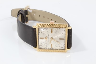 Lot 176 - 1960s Gentleman's Jaeger leCoultre 18ct gold wristwatch in square case with silvered dial on leather strap