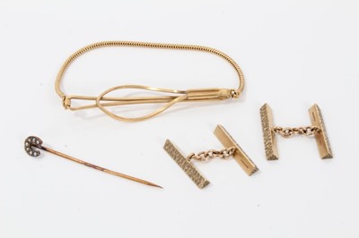 Lot 235 - Pair heavy 1970s 9ct gold bark effect bar cufflinks - 11.9 grams, plated tie bar and stickpin (4)