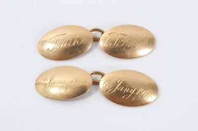 Lot 213 - Pair of George V 18ct gold cuff links, oval, engraved with initials and dates 
9.6g