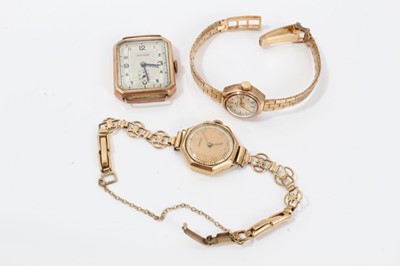 Lot 216 - Three 9ct gold watches, the first by Jacquet Droz, with circular dial bracket strap, watch movement by Eros lacking strap and  vintage lady's watch by Vertex 
 Combined total weight 47g