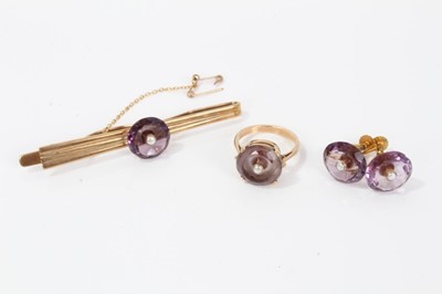 Lot 217 - Suite of 9ct gold jewellery,comprising pair of earrings, ring and bar brooch, each with amethyst and pearl style ornament 
the ring unmarked, total weight 16g