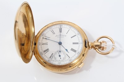Lot 222 - Gentleman's 18ct gold Waltham Hunter chronometer pocket watch with white enamel dial , signed movement and dial, the case 50 mm, 117.6 grams gross