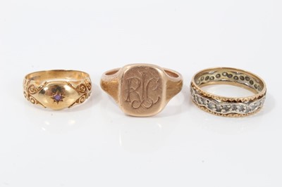 Lot 220 - 9ct gold signet ring, engraved with initials RJC, together with two further 9ct rings 
13.8g