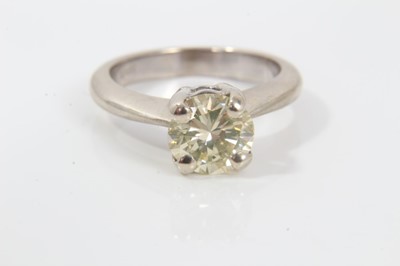 Lot 238 - Diamond single stone ring with a brilliant cut diamond estimated to weigh approximately 1.37cts in four claw setting on 18ct white gold shank. Ring size J-J½.