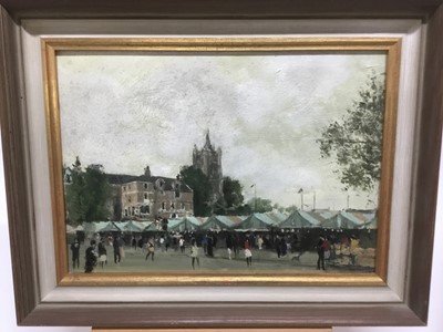 Lot 365 - Edward Dawson (1941-1999) oil on board , Norwich market place, signed, titled to label verso, 25 x 36cm