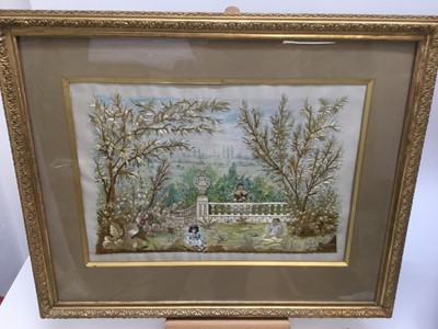 Lot 207 - 19th century silkwork embroidery, children in a garden, 36 x 51cm, glazed frame
