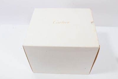 Lot 310 - Cartier 18ct gold Tank Quartz wristwatch, the rectangular white dial with black enamel Roman numerals and blued steel hands, in 18ct gold tank shaped case, cabochon blue sapphire to the crown, on C...