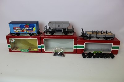 Lot 1490 - Railway LGB Rolling Stock 4141 0, 41124, 41090, 4055, 44352 Happy Birthday, all boxed.