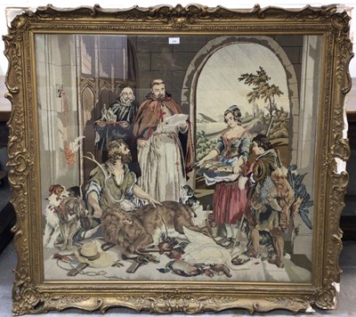Lot 630 - Large 19th century Berlin woolwork tapestry, depicting interior scene of figures and game, in glazed gilt frame, total size 127 x 115cm