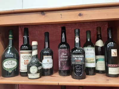 Lot 131 - Selection of bottles of alcohol - Croft Sherry, Benedictine, Cream Sherry, Harveys Bristol Cream, Cockburn's Port and Rich Cream Sherry plus three bottles of wine