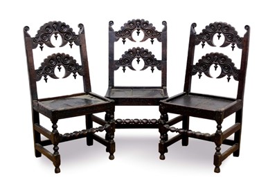 Lot 749 - Rare set of three Charles II oak Derbyshire back stools