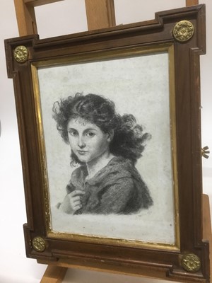 Lot 197 - Victorian charcoal portrait of a young woman, indistinctly signed R Schaeffer (?) and dated 8/2/92, 30 x 22cm in good quality glazed wooden kit-kat style frame