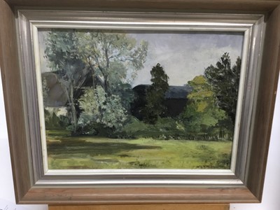 Lot 199 - Gwen Walbourn oil on board, The Black Barn, inscribed to label verso, 23 x 31cm, framed, together with another by the same hand. (2)