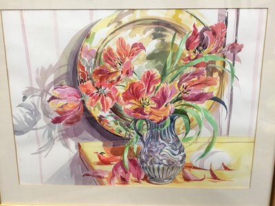 Lot 267 - Elizabeth Jane Lloyd (1928-1995) watercolour - Still Life with Guavas and Blue Iris, together with another, Lustre Bowl and Red Tulips, both in glazed frames
