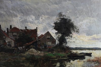 Lot 446 - Post impressionist school, oil on canvas, backs of houses beside a river, indistinctly signed