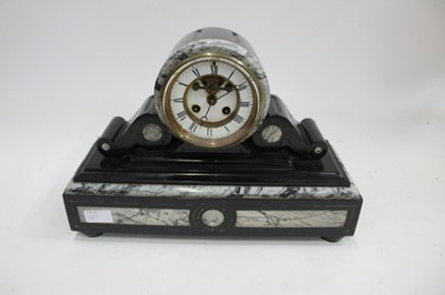 Lot 1885 - Antique slate mantel clock with a figure of Father Time, together with a slate and marble mantel clock and a modern glass cased clock (3)