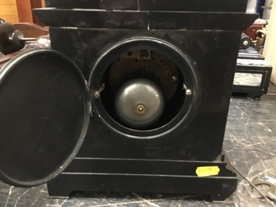 Lot 1885 - Antique slate mantel clock with a figure of Father Time, together with a slate and marble mantel clock and a modern glass cased clock (3)