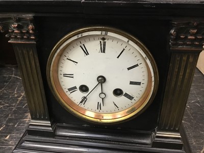 Lot 1885 - Antique slate mantel clock with a figure of Father Time, together with a slate and marble mantel clock and a modern glass cased clock (3)