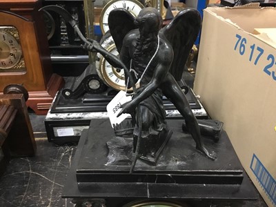 Lot 1885 - Antique slate mantel clock with a figure of Father Time, together with a slate and marble mantel clock and a modern glass cased clock (3)