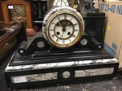 Lot 1885 - Antique slate mantel clock with a figure of Father Time, together with a slate and marble mantel clock and a modern glass cased clock (3)