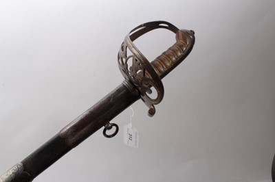 Lot 312 - Victorian 1827 Pattern Rifle Regiment Officers' sword with steel Gothic hilt , etched fullered blade in steel mounted leather scabbard ( chape lacking )